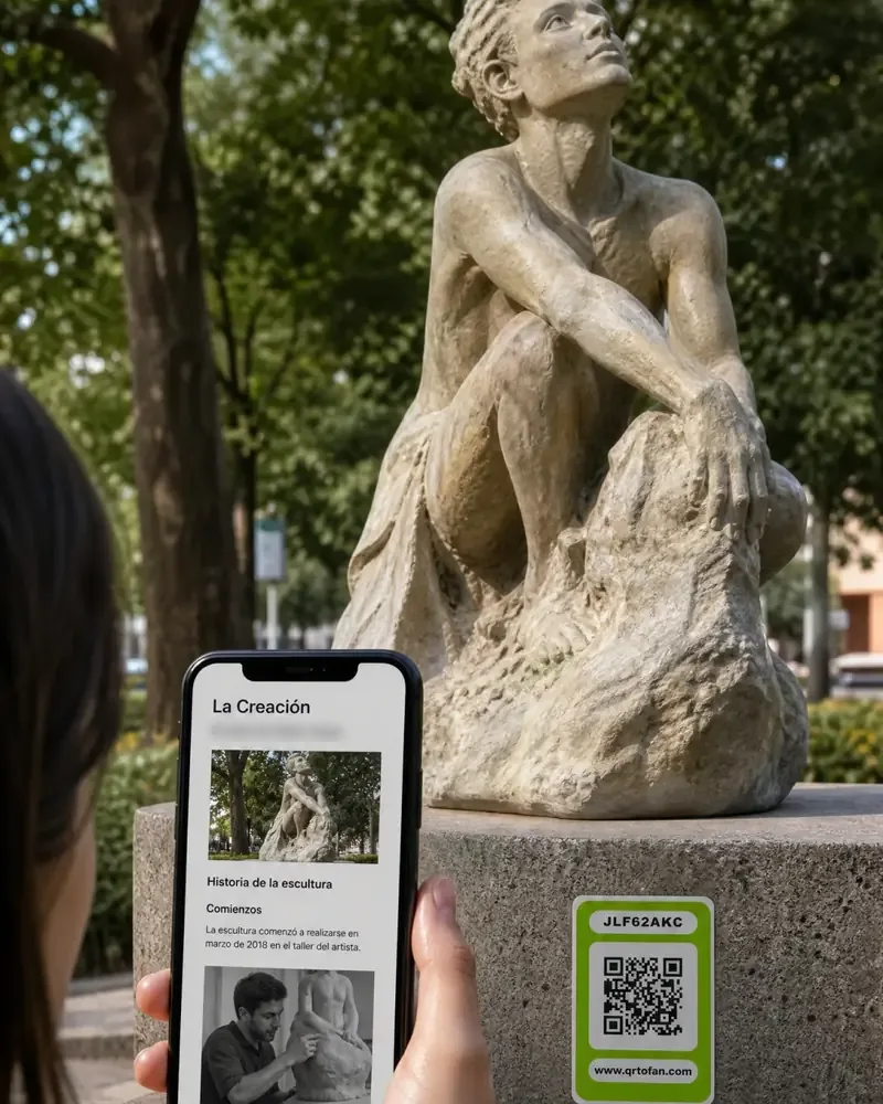 A person scanning the QRTOFAN tag of a sculpture in a park