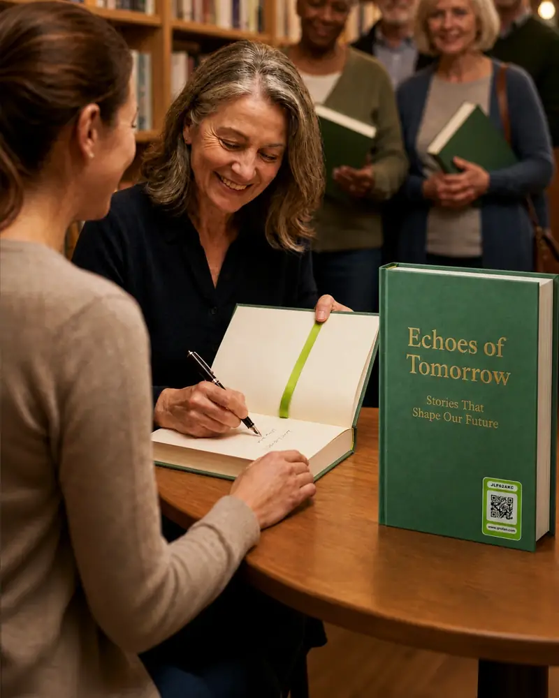 An author signing her book for a reader