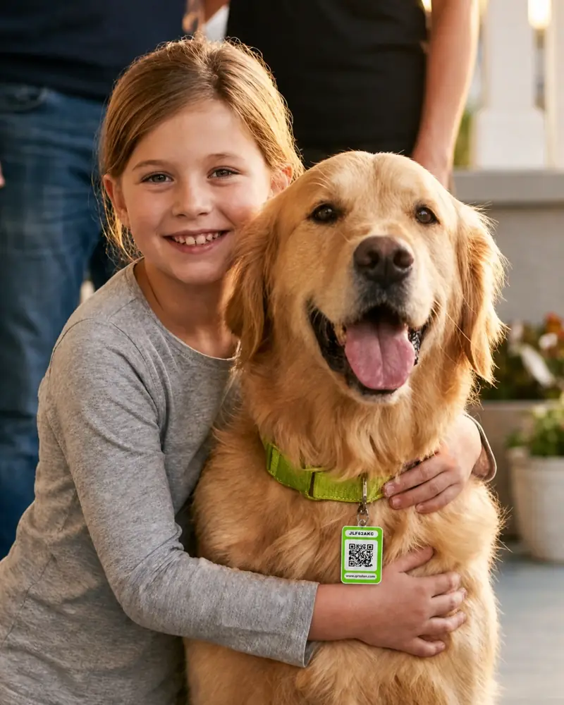 A girl hugging her dog, who wears a QRTOFAN tag on its collar