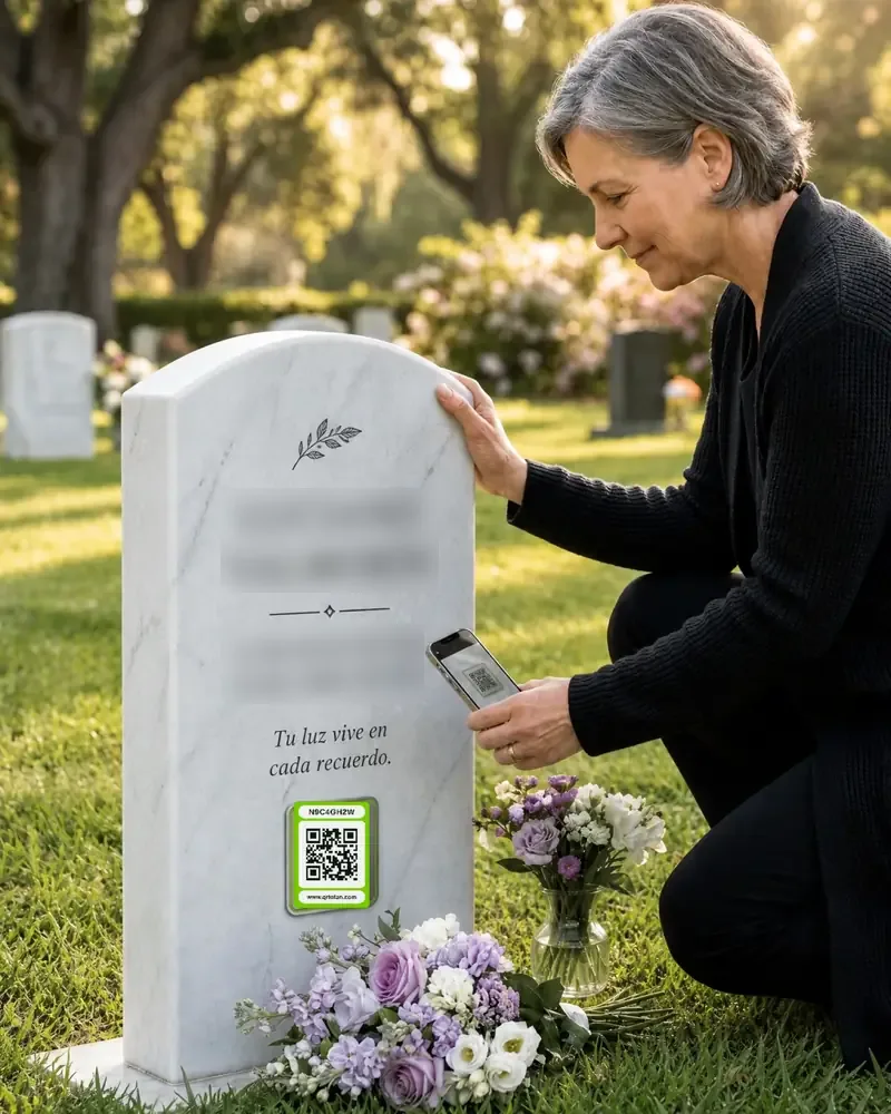 A woman scanning a QRTOFAN plaque on a headstone